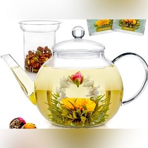 Teabloom Stovetop & Microwave Safe Glass Teapot 36 Oz with Removable Tea Infuser